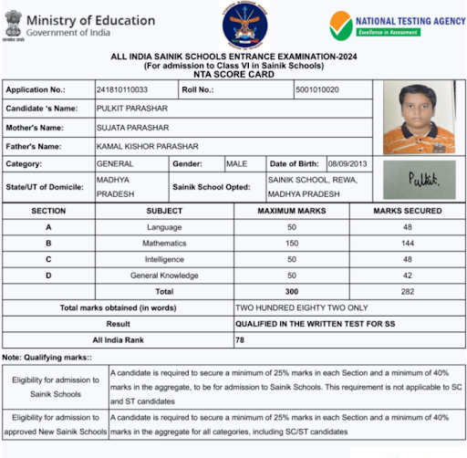 Sample Image of Sainik School Result